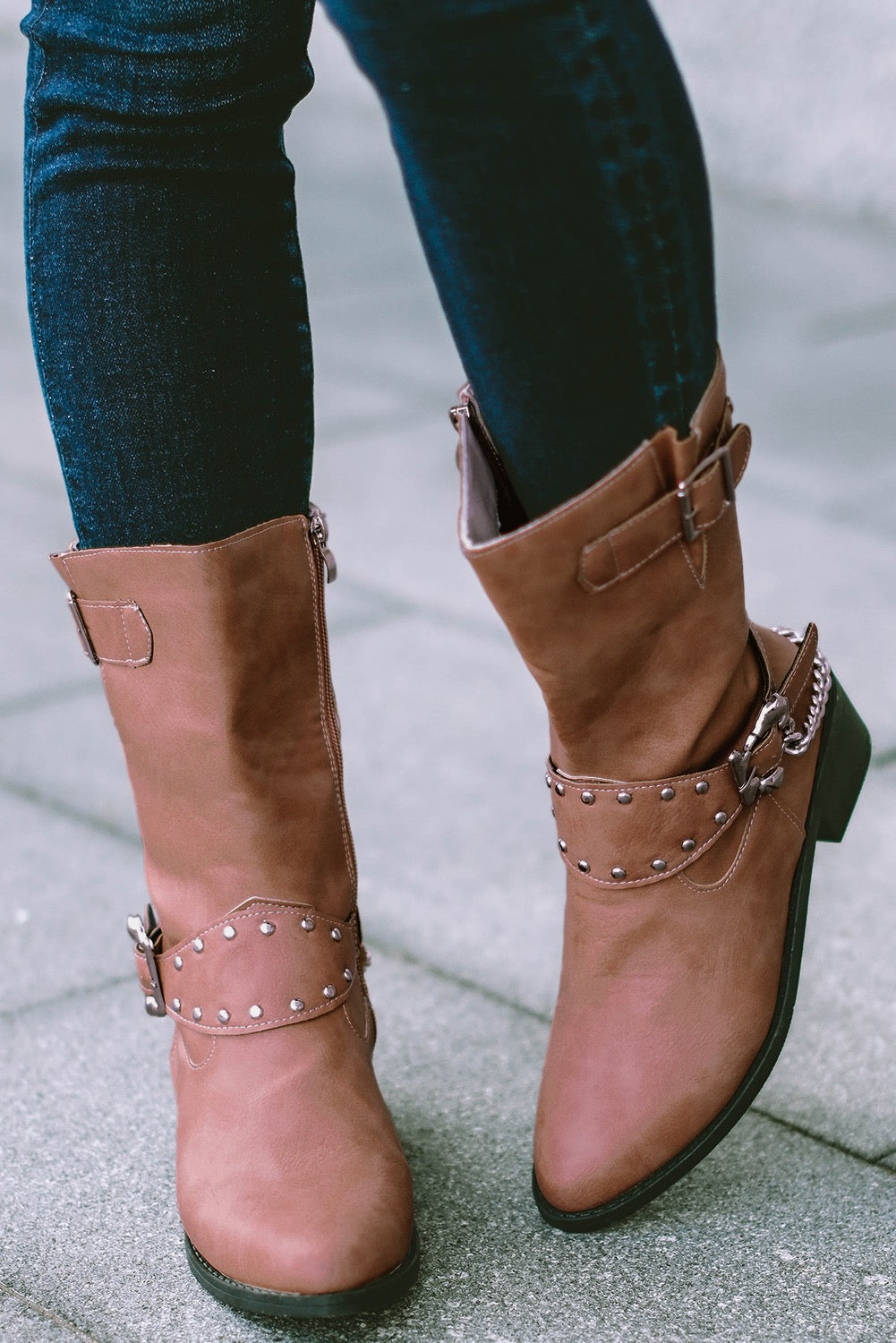 Pale Chestnut Buckle Chain Zipped Boots RTS