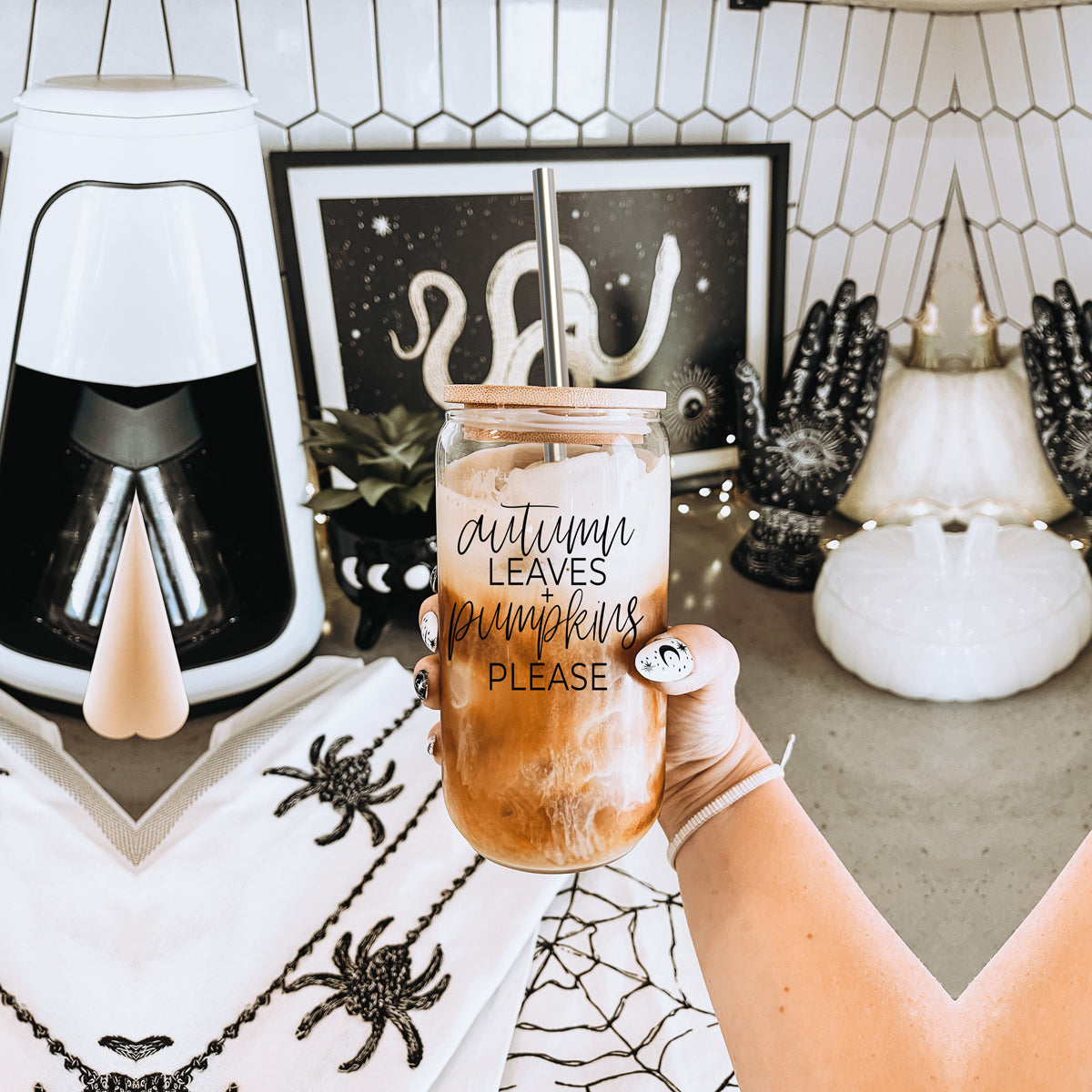 Clear coffee mugs with designs for fall and halloween