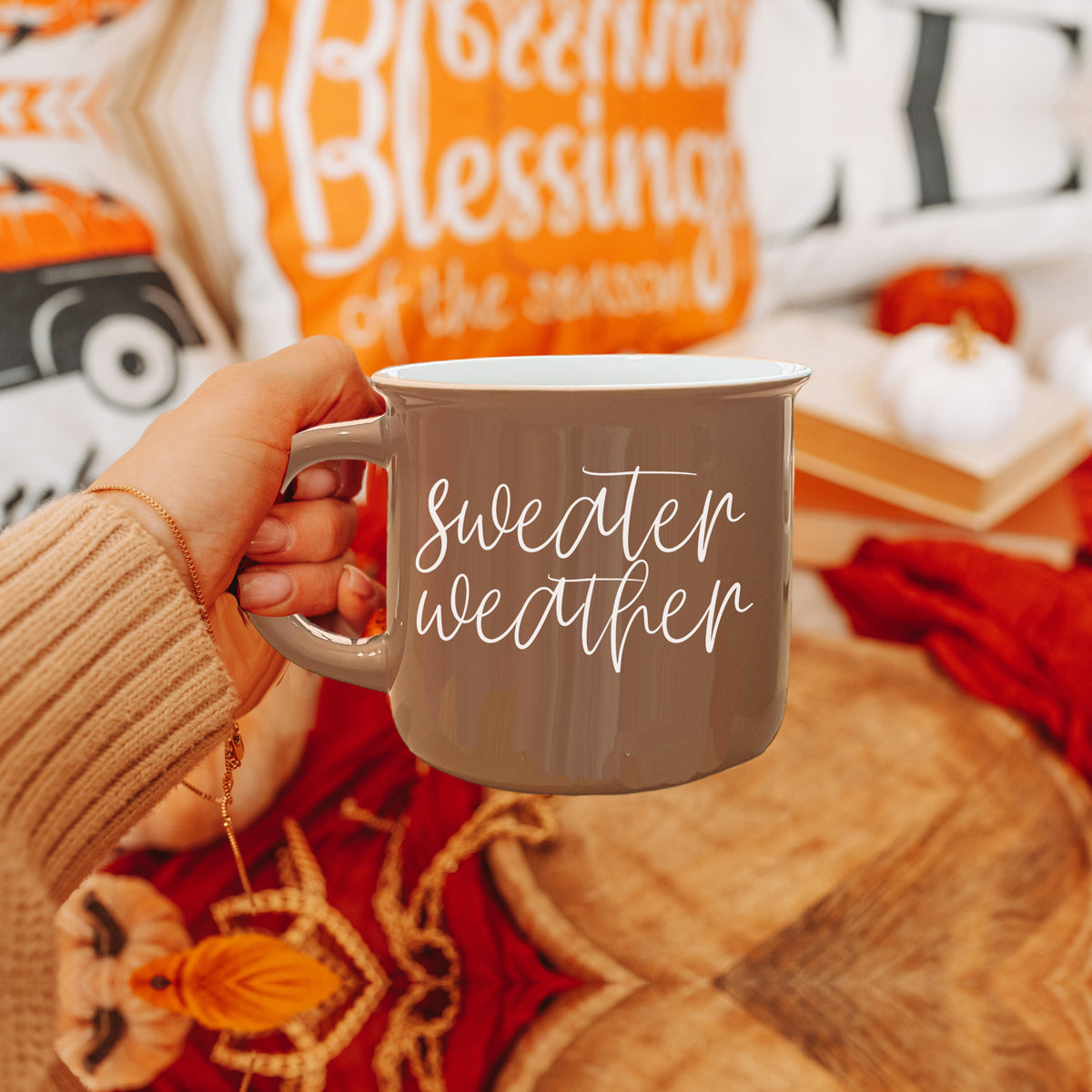 Sweater Weather Drink Cup Ceramic, Brown Fall Coffee Mugs Cute