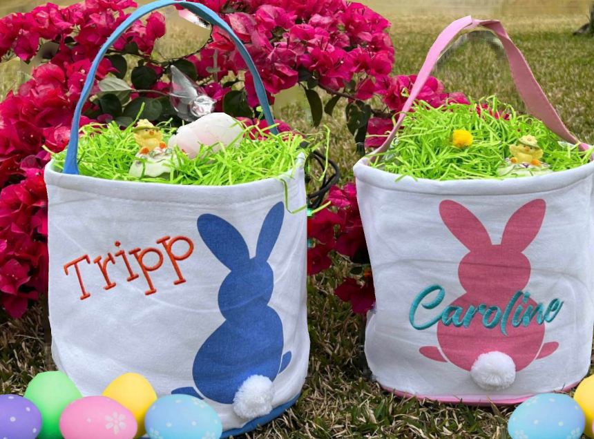 Easter basket available in blue, green, pink, pink chevron, and purple. Can be monogrammed!